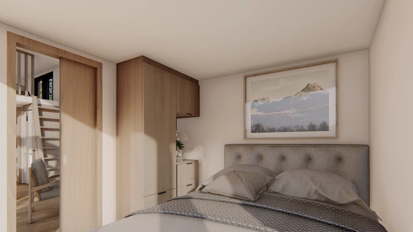 Dunkles Minimal-Design Schlafzimmer